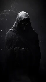 Hooded crow masked figure stands in dark atmospheric void