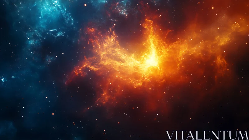 Fiery stellar nebula stretching through deep blue cosmos.