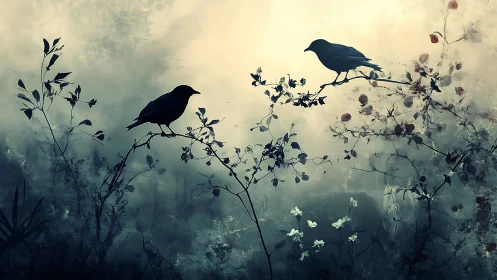Digital painting of silhouetted birds in misty floral canopy.