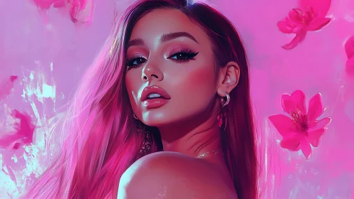 Digital portrait of pink haired woman with floral backdrop.