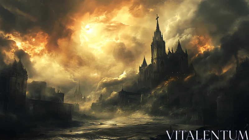 Cathedral fortress beneath an apocalyptic burning sky.