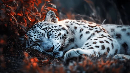 Snow Leopard at Rest Amid Autumnal Landscape.