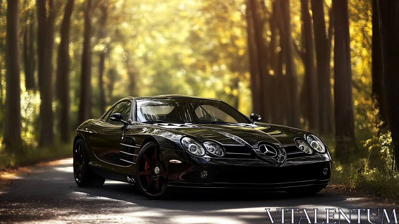 Black Mercedes supercar parked under sunlit forest canopy.