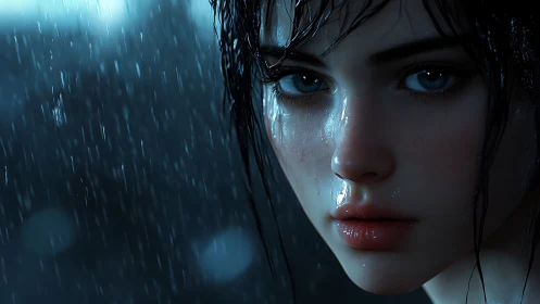 High-contrast digital portrait renders rain-soaked face and specular skin