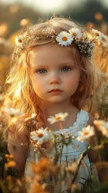 Luminous Child Portrait with Daisy Crown in Golden Hour Field.
