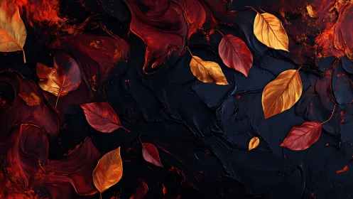 Golden autumn leaves drift over dark textured paint