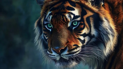High-contrast tiger portrait with rim-lit fur and sharp specular eyes