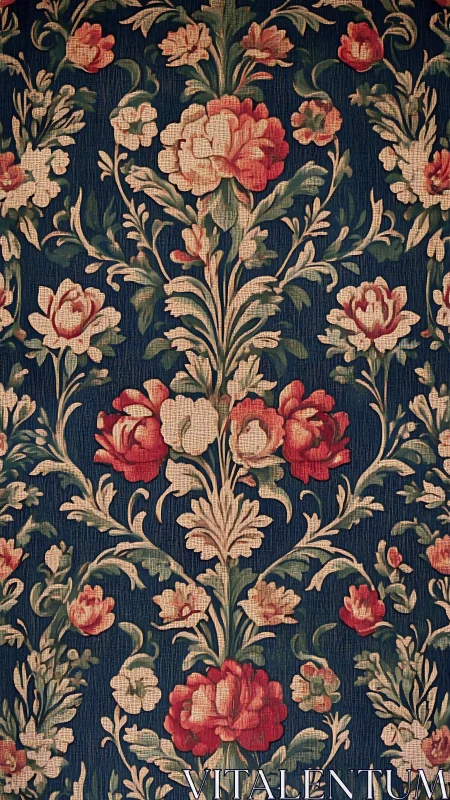 Ornate vintage floral tapestry pattern on deep blue ground