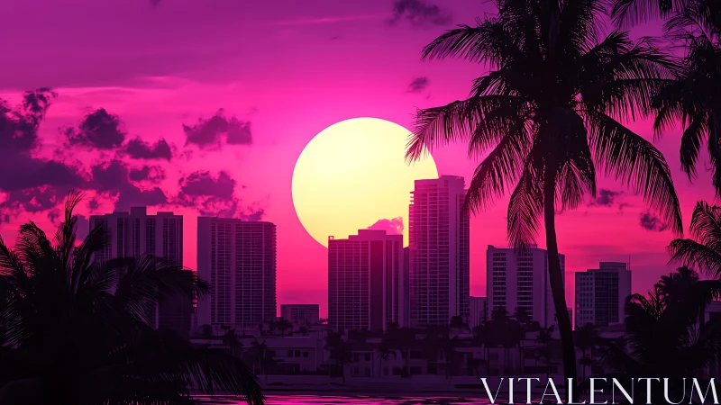 Neon pink sunset silhouettes tropical city skyline and palms