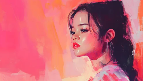 Digital portrait of young woman on vivid pink backdrop.