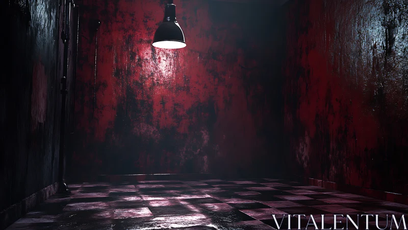 Cinematic 3D torture chamber interior with stark pendant lamp.