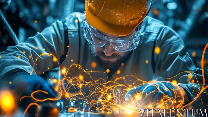 Industrial engineer calibrates circuitry amid kinetic sparks.