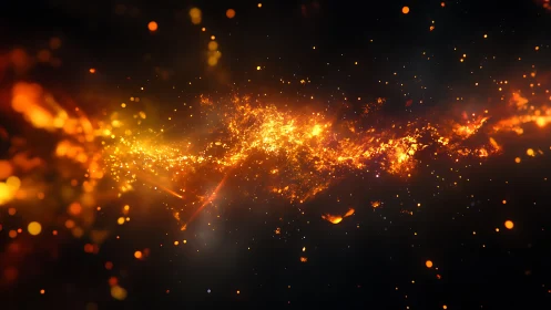 Molten particles cascade through darkness in explosive golden fire.