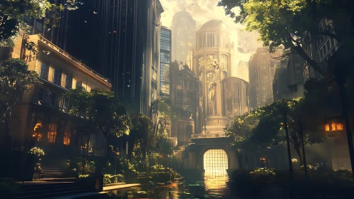 Urban cathedral courtyard at golden hour with architectural symmetry.