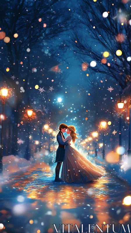 Couple dancing in magical winter street at night.