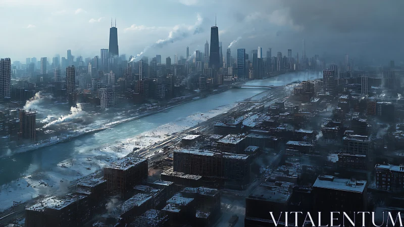 Winter city skyline overlooks frozen river and dense blocks