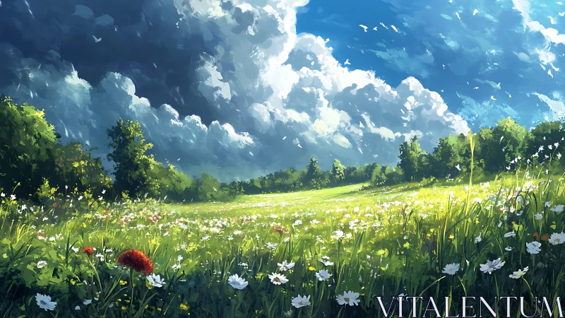 Digital landscape of wildflower field under cumulus clouds.