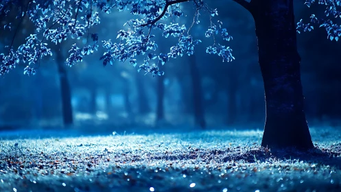 Nocturnal blue grove with foreground tree silhouette study.