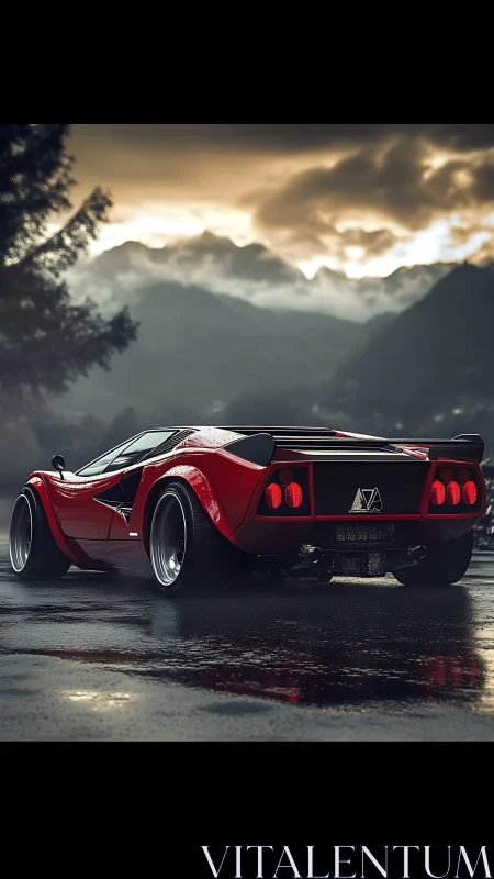 Red low-profile sports car on wet mountain road at dusk.