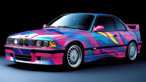 BMW E36 coupe with neon abstract vinyl livery on dark studio