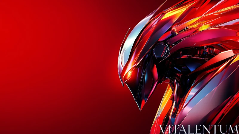Red chrome robotic helmet on vivid gradient background.