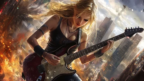 Blonde guitarist unleashes electrifying solo above burning city