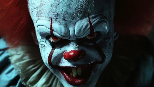 Predatory carnival clown grinning under cold blue shadows.