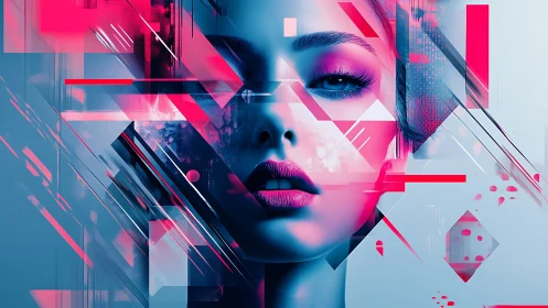 Neon lit portrait blending soft beauty with bold geometry.