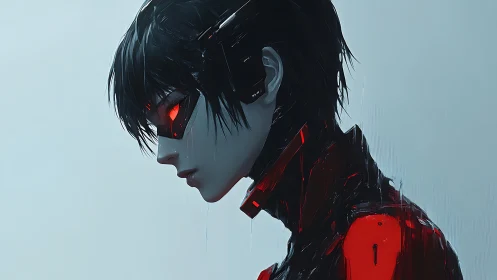 Profile view of red-eyed cybernetic figure in rain.