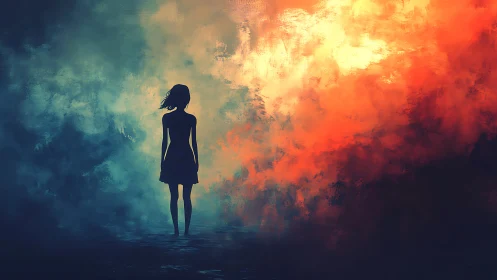 Silhouetted figure before divided blue and orange haze.