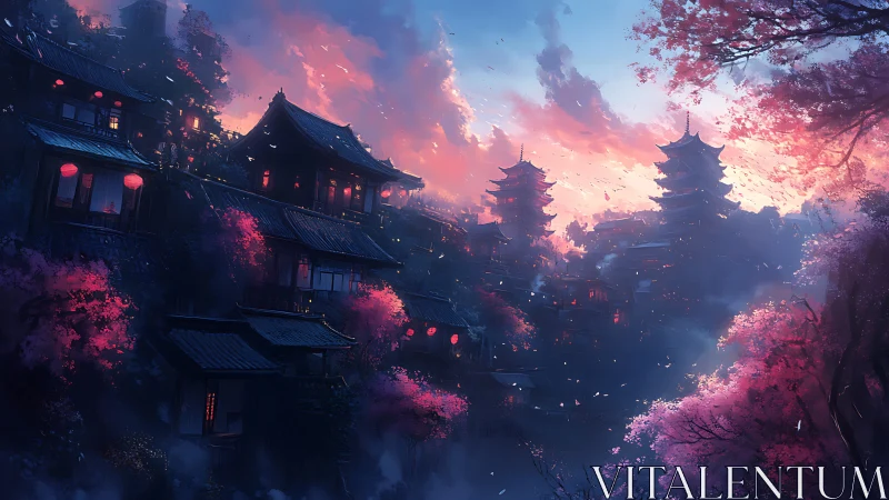 Twilight blossoms over lantern-lit mountain temples at dusk.