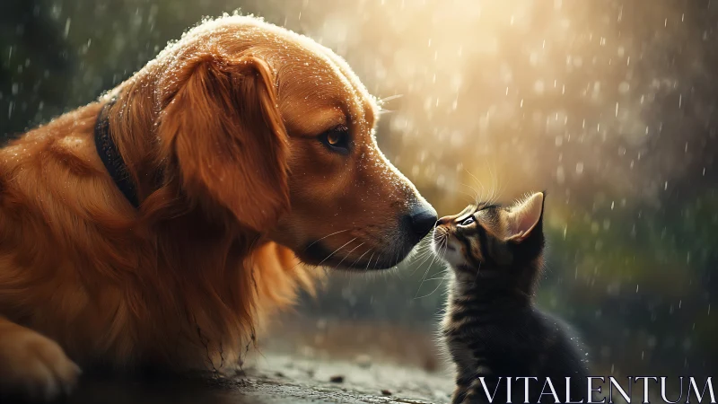Golden Dog and Kitten Meet in Gentle Rain.