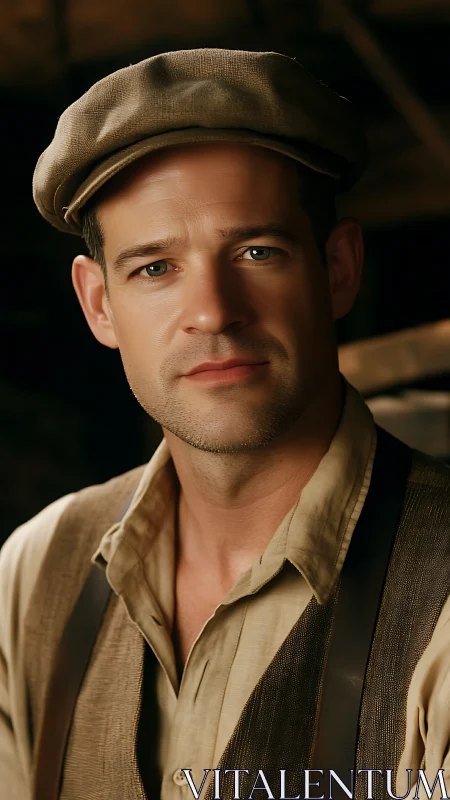 Warm portrait captures a thoughtful man in vintage workwear