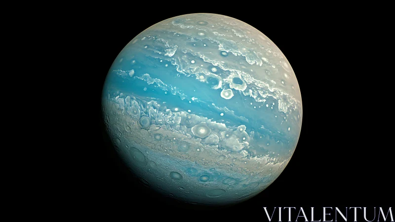 Blue gas giant sphere shows storm bands and cloud vortices
