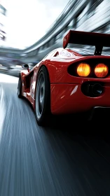 Red race car in dynamic rear three-quarter motion blur shot.