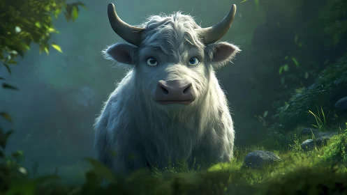 Gentle blue eyed yak explores a sunlit forest glade.