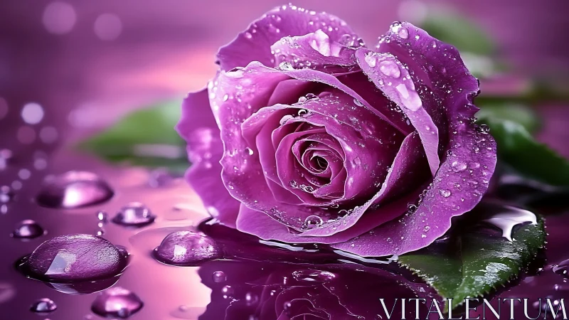 Purple Rose with Dewdrops on Glossy Surface.