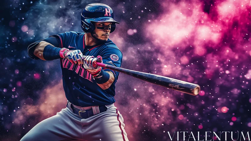 Dynamic baseball batter in mid-swing with neon particle lighting