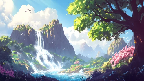 Luminous valley waterfall landscape in stylized digital painting.
