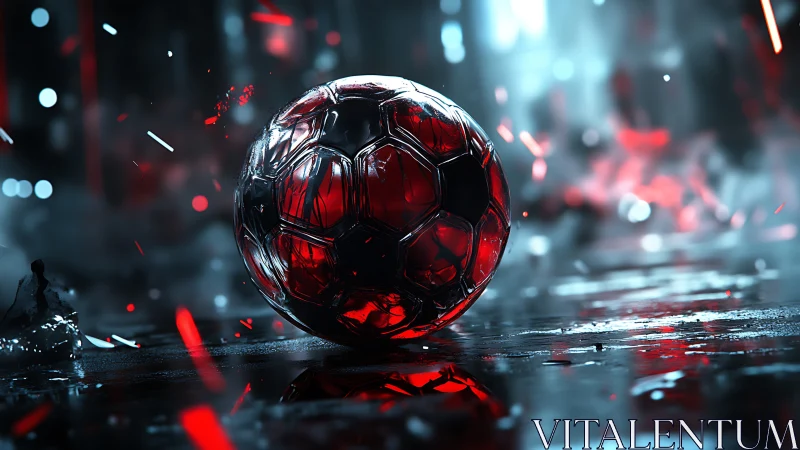 Glowing red soccer ball resting on a neon lit wet street.