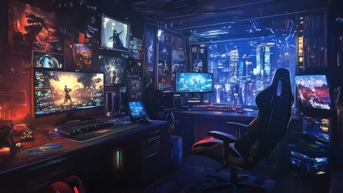 Dual-desk gaming workstation with neon city backdrop.