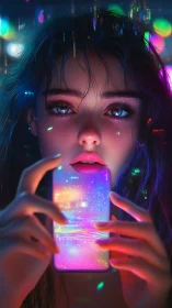 Starlit phone glow draws a dreamy girl into neon night