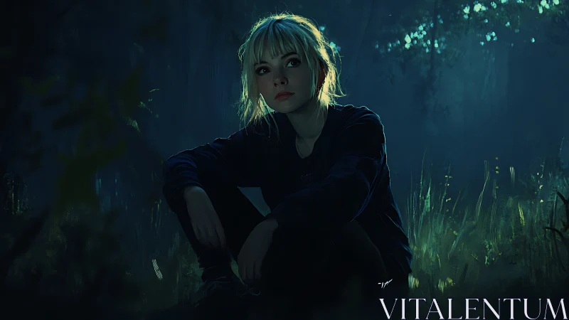Forest dusk cradles a quiet girl wrapped in teal shadows