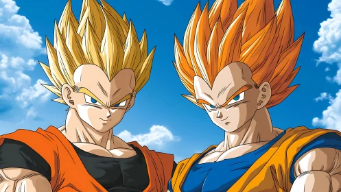 Two muscular anime figures with spiked hair against sky.