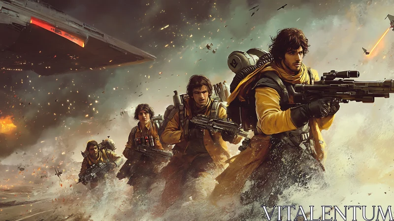 Sci fi strike squad storms burning battlefield under carrier.