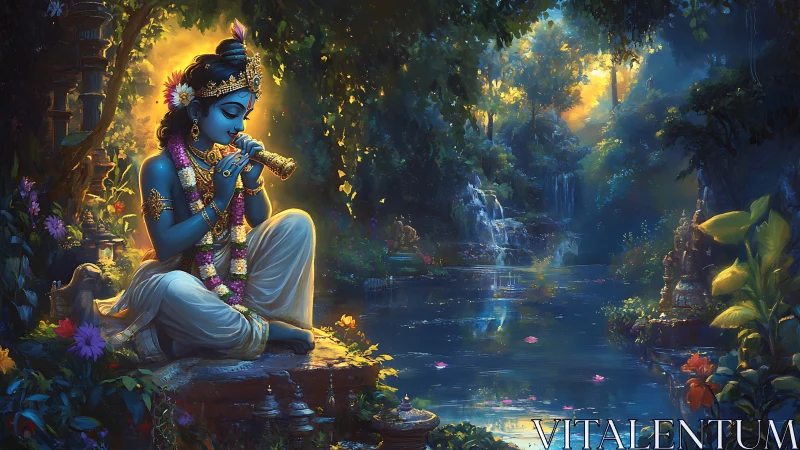 Blue-skinned flute player in lush river landscape scene.