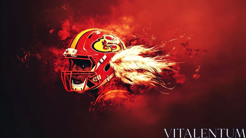 Fiery football helmet bursting with blazing feather trail.