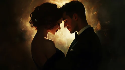 Intimate Embrace: Silhouetted Couple Against Golden Luminescence.