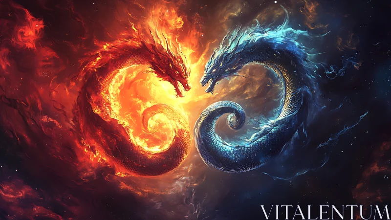 Fiery and icy dragons swirling in a cosmic embrace.