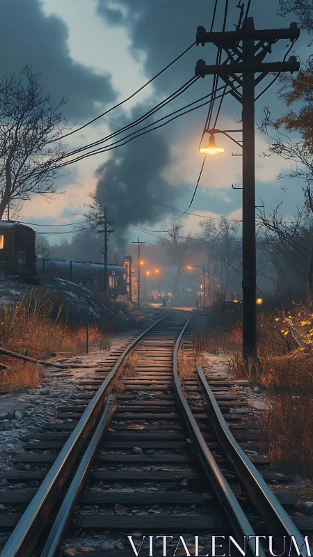 Foglit rails and lonely telegraph poles in winter hush.